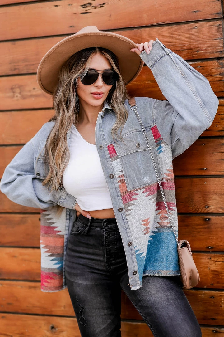 Entro Stargazer Aztec Print Denim Shacket - Light Wash 3 Entro Stargazer Aztec Print Denim Shacket - Light Wash