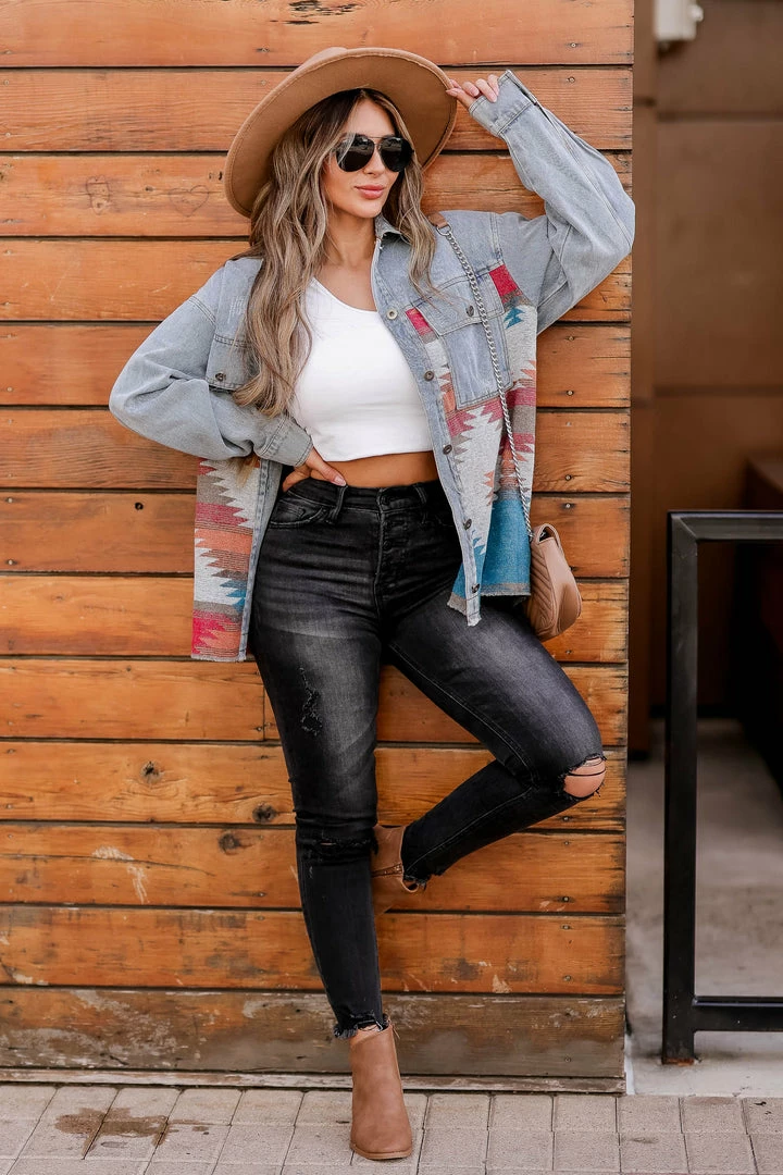 Entro Stargazer Aztec Print Denim Shacket - Light Wash 4 Entro Stargazer Aztec Print Denim Shacket - Light Wash