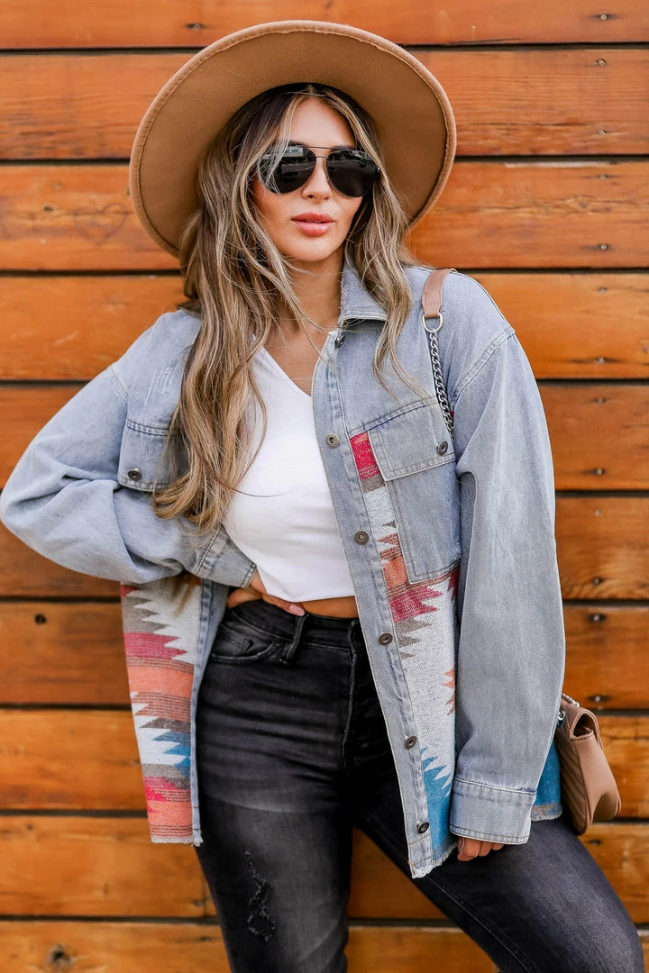 Entro Stargazer Aztec Print Denim Shacket - Light Wash 6 Entro Stargazer Aztec Print Denim Shacket - Light Wash