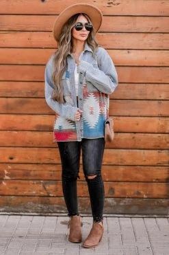 Entro Stargazer Aztec Print Denim Shacket - Light Wash 15 Entro Stargazer Aztec Print Denim Shacket - Light Wash