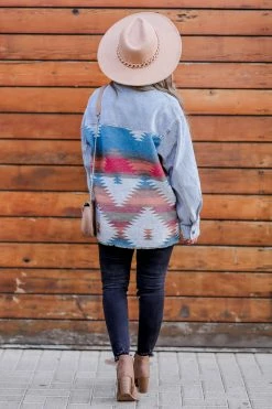 Entro Stargazer Aztec Print Denim Shacket - Light Wash 16 Entro Stargazer Aztec Print Denim Shacket - Light Wash