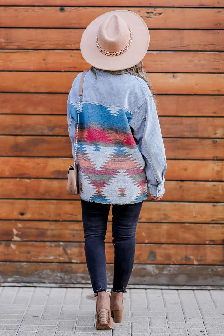 Entro Stargazer Aztec Print Denim Shacket - Light Wash 9 Entro Stargazer Aztec Print Denim Shacket - Light Wash