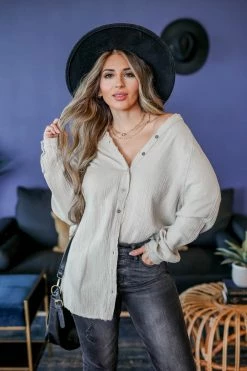 Newbury Kustom Large Soft Spot Button Front Tunic - Stone