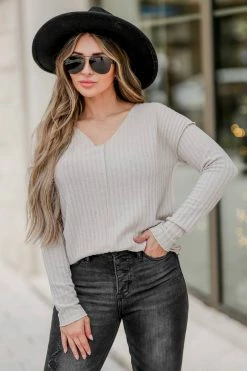 FL Small Thinking About It Ribbed V-Neck Top - Oatmeal
