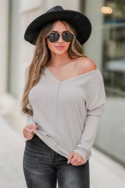 FL Small Thinking About It Ribbed V-Neck Top - Oatmeal 12 FL Small Thinking About It Ribbed V-Neck Top - Oatmeal