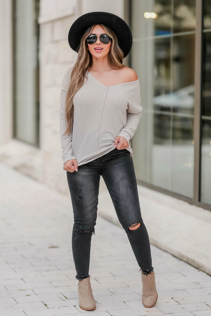 FL Small Thinking About It Ribbed V-Neck Top - Oatmeal 4 FL Small Thinking About It Ribbed V-Neck Top - Oatmeal