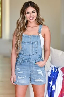 C'est Toi Lizzie Distressed Denim Overall Shorts - Light Wash Small