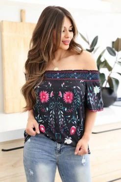 SY Floral Frenzy Off The Shoulder Top - Black