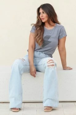 Recycled Karma Tops "ACDC" Lighting Bolt Graphic Tee - Grey