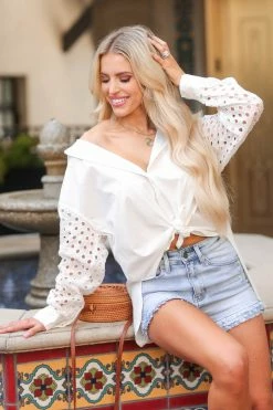 Take It Or Leave It Eyelet Sleeve Top - Off White