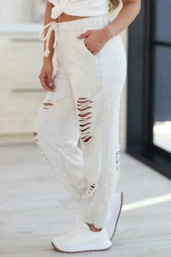 PL Feeling Torn Distressed Joggers - Oatmeal Bottoms