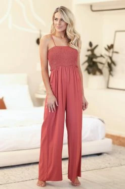 PSK New Arrivals Lucky In Love Smocked Jumpsuit - Marsala
