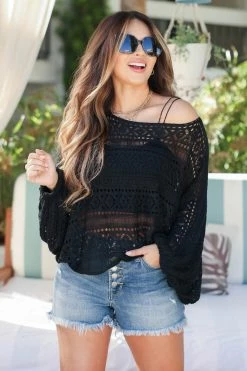 PSK Tops Bonfire Glow Sheer Long Sleeve Top - Black