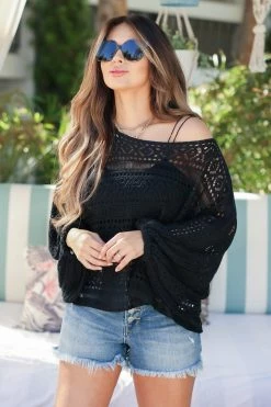 PSK Tops Bonfire Glow Sheer Long Sleeve Top - Black