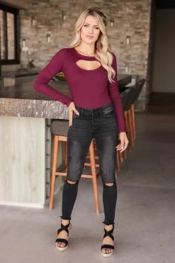 FL-01 CBRAND Cut It Out Long Sleeve Bodysuit - Wine