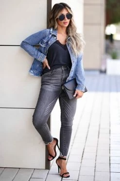 RISEN Maisie Raw Hem Skinny Jean - Grey Bottoms