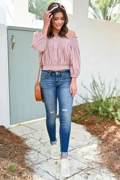 Newbury Kustom Looking Forward Off The Shoulder Top - Dusty Rose Small