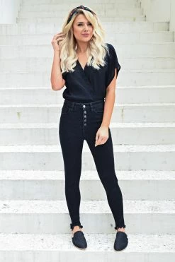 KAN CAN Exposed Button Raw Hem Jeans - Black 14 KAN CAN Exposed Button Raw Hem Jeans - Black