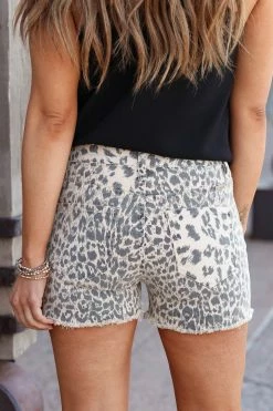 KAN CAN Natasha Leopard Print Denim Shorts - Khaki Small 9 KAN CAN Natasha Leopard Print Denim Shorts - Khaki Small