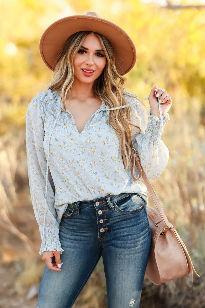 Blu Pepper Picking Wildflowers Peasant Top - Sky Blue 3 Blu Pepper Picking Wildflowers Peasant Top - Sky Blue