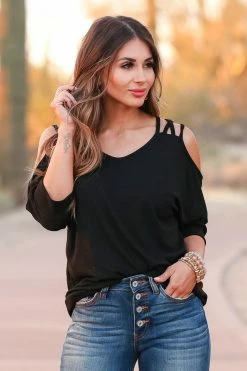 FL Strapped In Cold Shoulder Top - Black