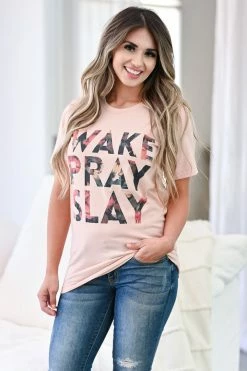 KA "Wake Pray Slay" Graphic Tee - Blush Tops
