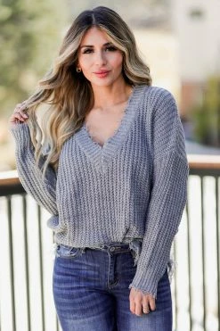 Mainstrip Apparel She's A Riot Frayed Sweater - Grey