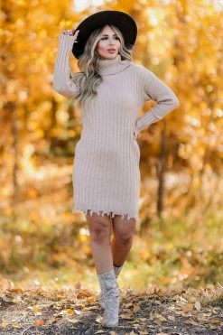 Promesa Wound Up Cowl Neck Sweater Dress - Sand Small