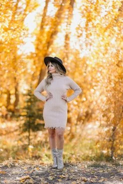 Promesa Wound Up Cowl Neck Sweater Dress - Sand Small