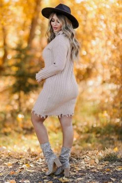 Promesa Wound Up Cowl Neck Sweater Dress - Sand Small