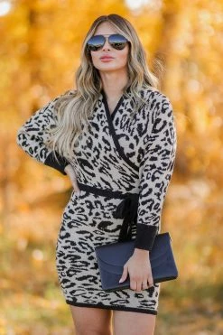 Mainstrip Apparel Wild Heart Leopard Print Knit Dress - Taupe Small