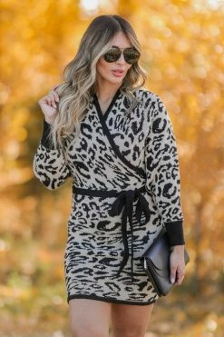 Mainstrip Apparel Wild Heart Leopard Print Knit Dress - Taupe Small