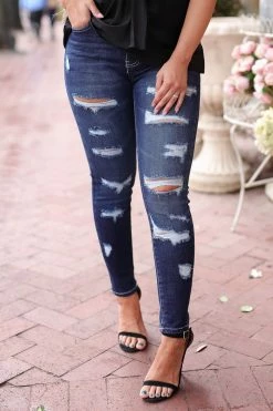 Kan Can Lily High Rise Skinny Distressed Jeans - Dark Wash Bottoms