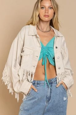 POL Fresh From LA Fringe Distressed Crop Denim Jacket