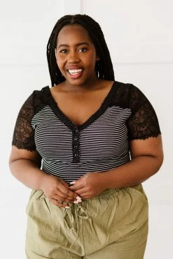 Trendsi Fresh From LA Lovey Dovey Striped Lace Trim Bodysuit