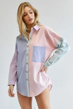 Davi & Dani Multi Color Stripe Button Down Top Fresh From LA