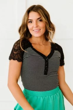 Trendsi Fresh From LA Lovey Dovey Striped Lace Trim Bodysuit