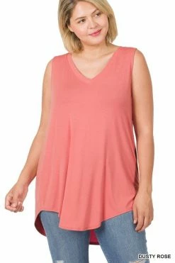 ZENANA Luxe Rayon Sleeveless V Neck Hi Low Top (Plus Size)